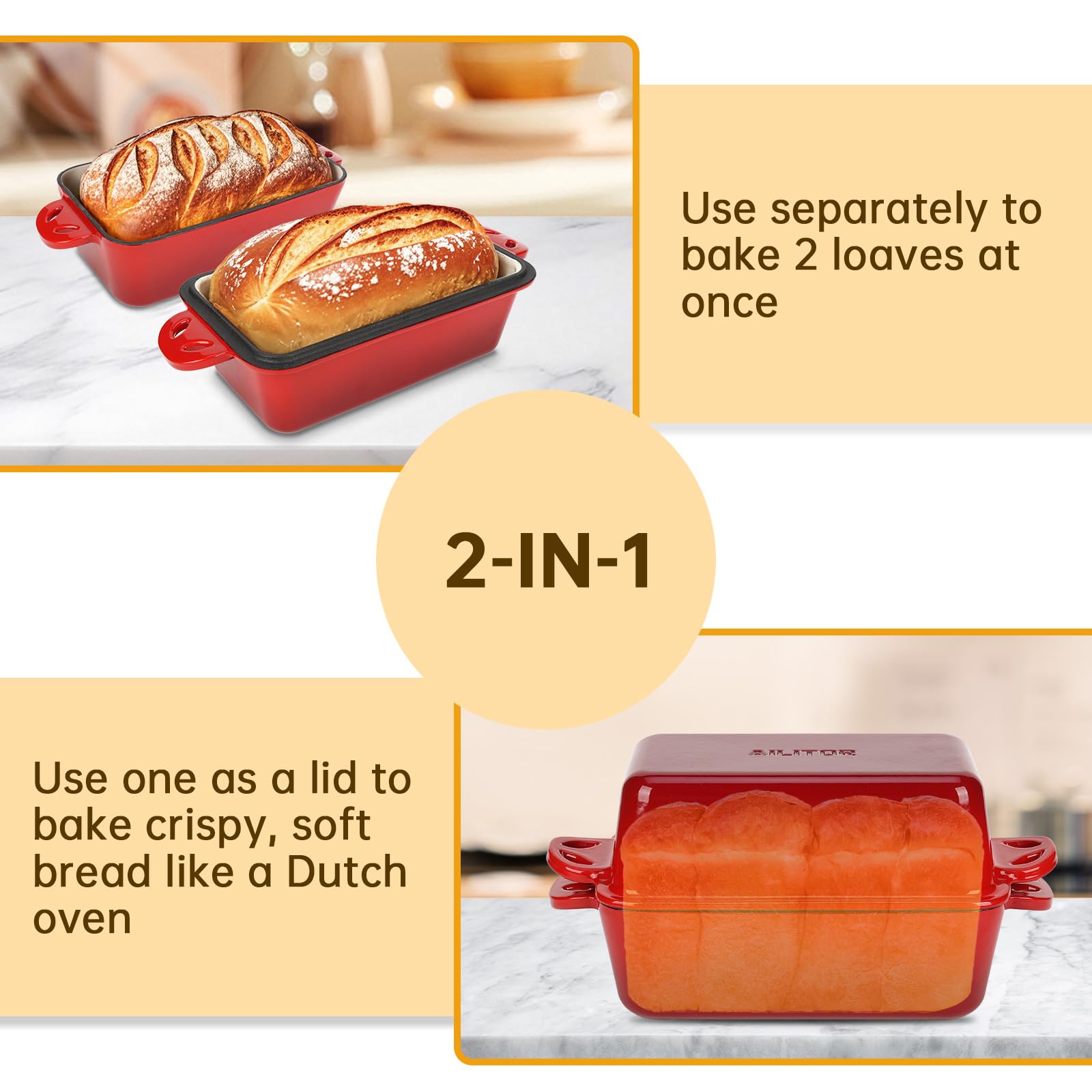 AILITOR 9x5 Enameled Cast Iron Loaf Pan with Lid - 2 in 1 Sourdough Bread Pan for Homemade Baking