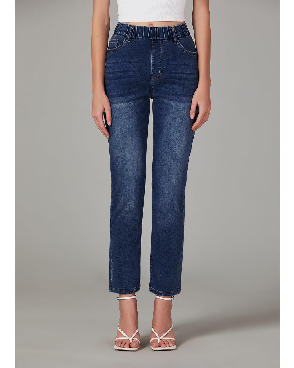 GRAPENT Straight Leg Jeans for Women Trendy Pull On High Waisted Cropped Elastic Waist Stretchy Denim Pants Ankle Jeans