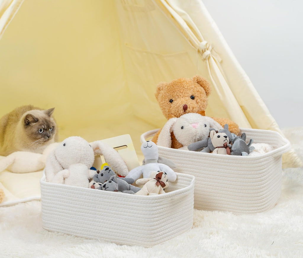 CubesLand Rectangular Cotton Rope Basket, 14x10x5 Inches, Beige, Nursery Storage Bin