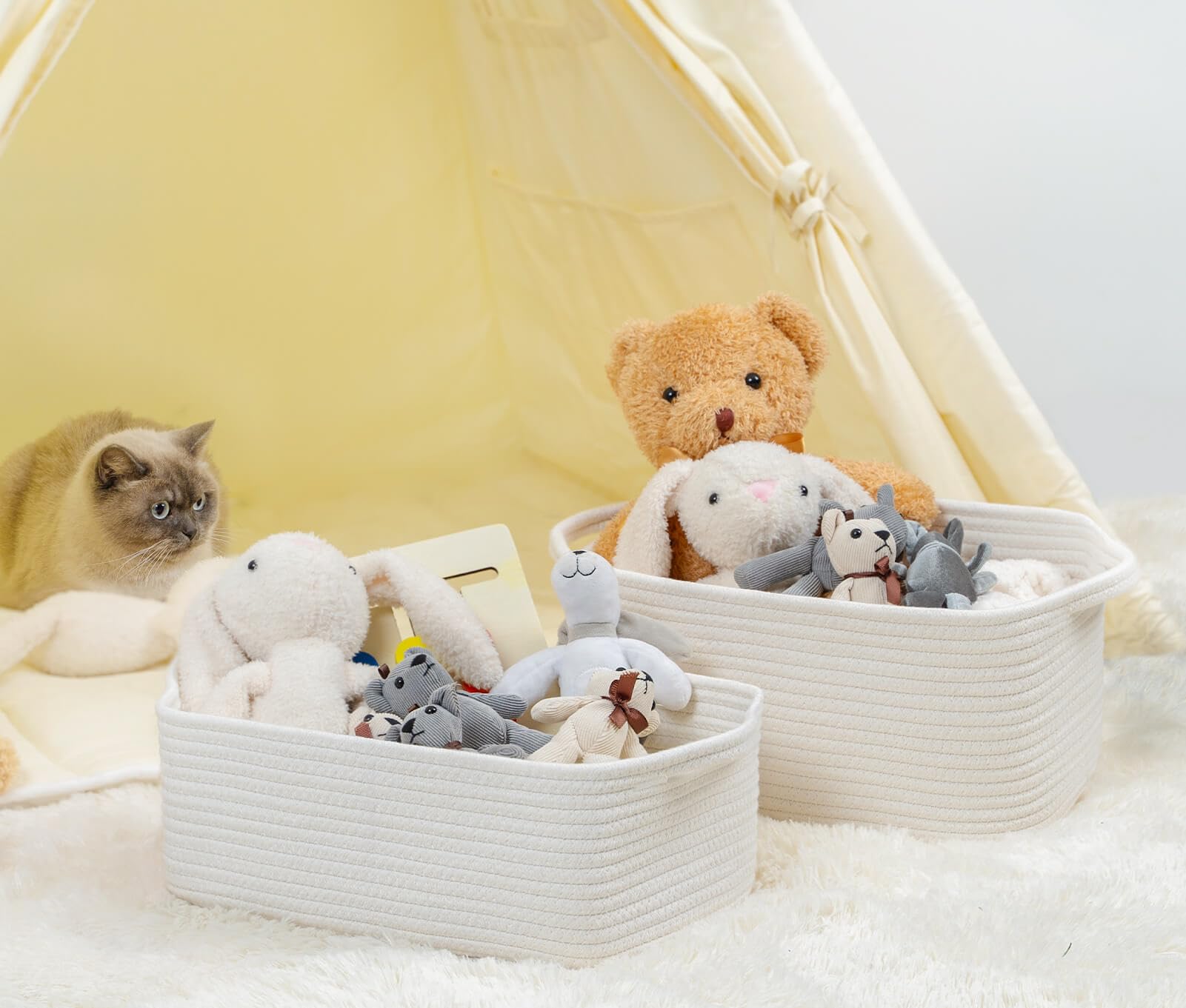 CubesLand Rectangular Cotton Rope Basket, 14x10x5 Inches, Beige, Nursery Storage Bin
