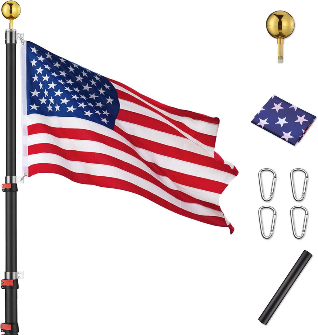 Yeshom 20Ft Black Telescopic Aluminum Flag Pole Fly 2 Flags 3'x5' US Flag & Ball Top Kit Telescoping Flagpole Yard Outdoor Garden