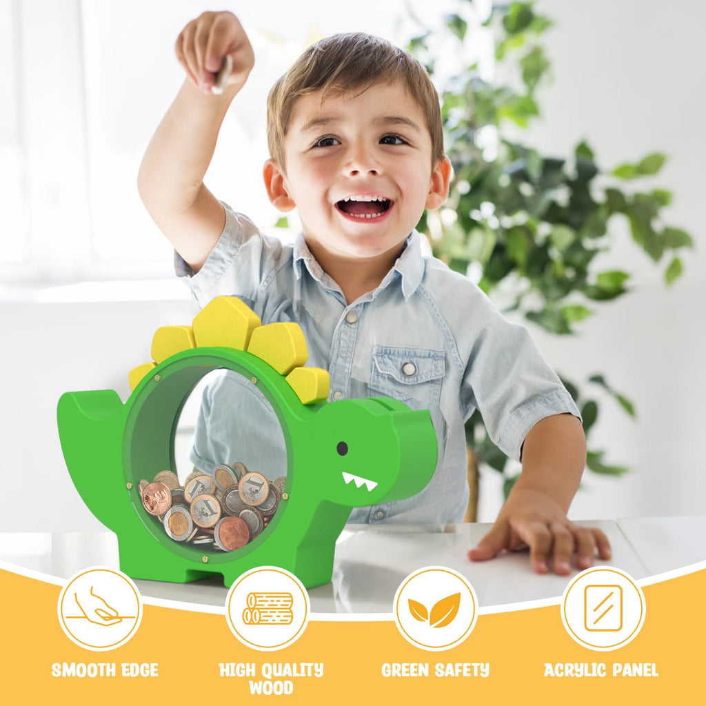 Summidate Wooden Dinosaur Piggy Bank for Kids Boys, Cute Wood Dino Money Bank for Toddlers, Creative Saving Coin Jar, Personalized Present for Child Birthday & Decor (Brachiosaurus, Custom)