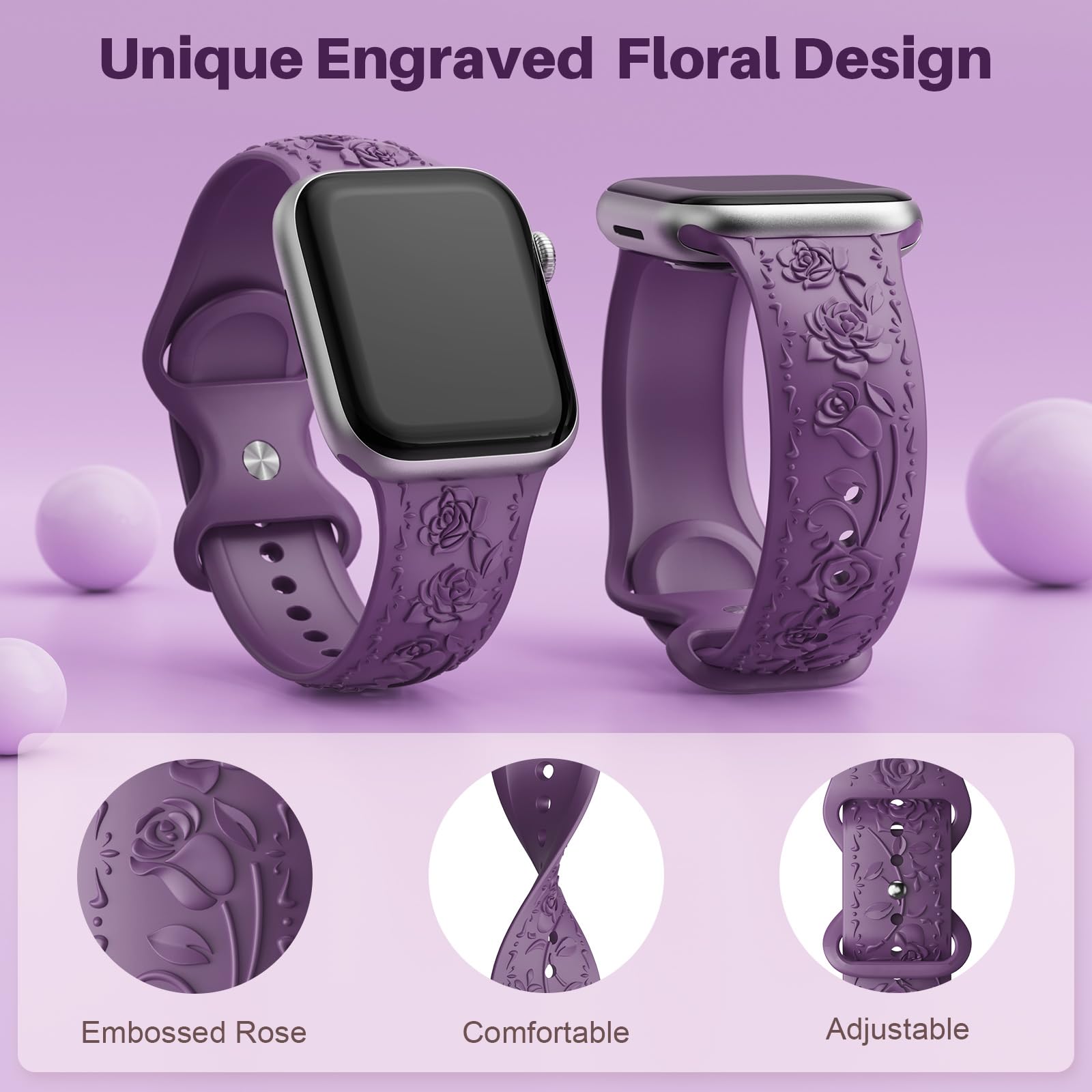 Floral Engraved Band Compatible with Apple Watch Band 40mm 41mm 38mm 42mm 44mm 45mm 46mm 49mm Women, Soft Silicone Cute Embossed Flower Strap for iWatch Band Series SE Ultra 11 10 9 8 7 6 5 4 3 2 1
