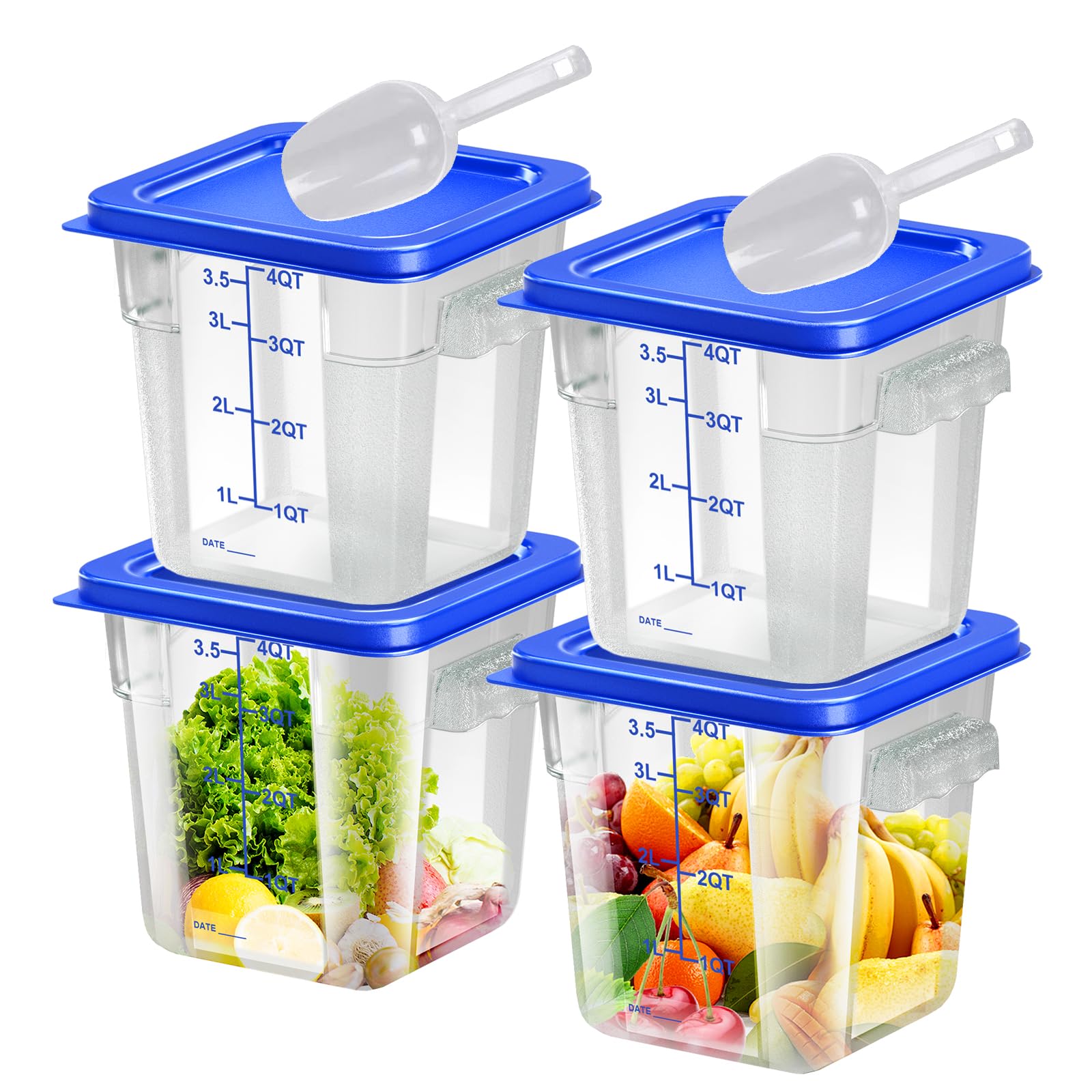 6 pcs 2qt Food Storage Containers with Lid, Square Clear Commercial Storage Containers with Handle and Scale for Food Storage in Home Kitchen & Dining (Green)