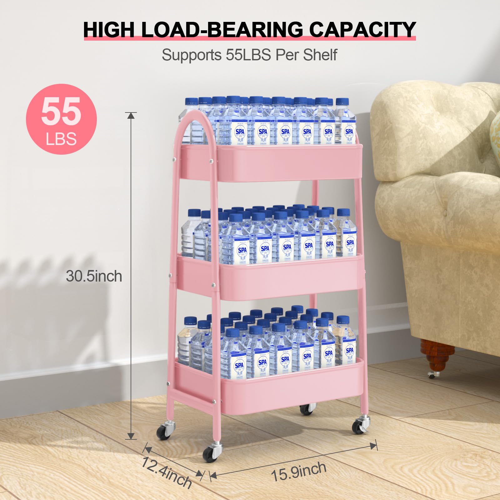 EAGMAK 3 Tier Rolling Cart, Large Metal Storage Cart with Handle and Lockable Wheels, Big Multifunctional Storage Organizer Trolley with Mesh Baskets for Kitchen, Living Room, Office, Garage (Beige)