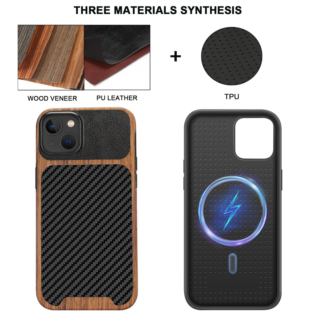 TENDLIN Compatible with iPhone 15 Case Wood Grain with Carbon Fiber Texture Design Leather Hybrid Slim Case (Black)