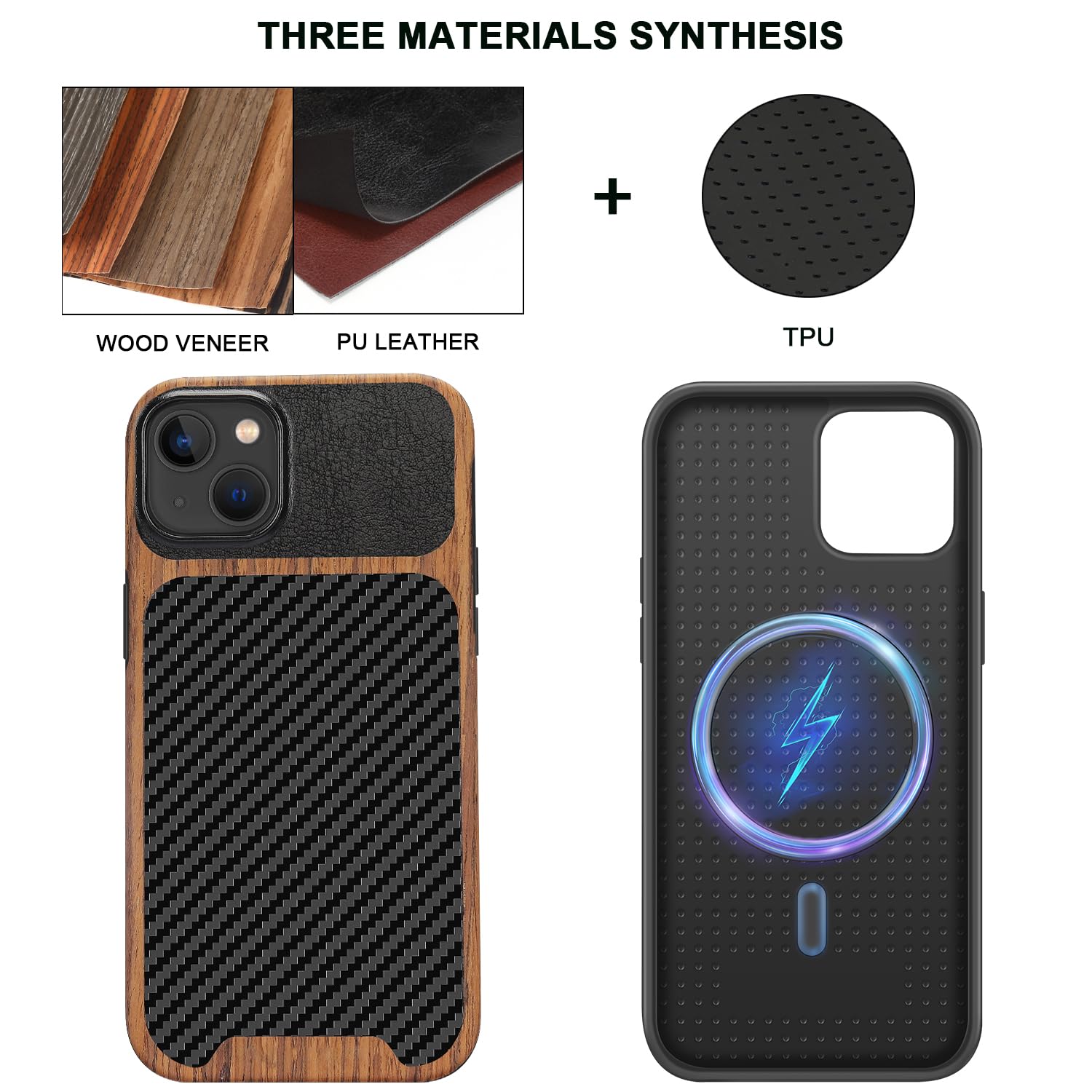TENDLIN Compatible with iPhone 15 Case Wood Grain with Carbon Fiber Texture Design Leather Hybrid Slim Case (Black)