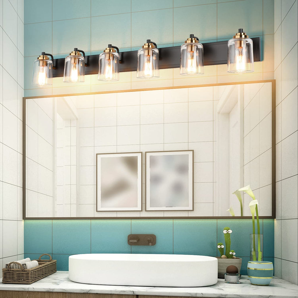SOLFART 20.1 Inch Black Vintage Bathroom Vanity Light Fixtures Fixtures with Modern Glass Globe Shade Metal Brass Wall Lamp 2 Lights