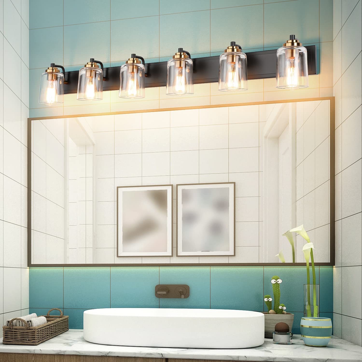 SOLFART 20.1 Inch Black Vintage Bathroom Vanity Light Fixtures Fixtures with Modern Glass Globe Shade Metal Brass Wall Lamp 2 Lights