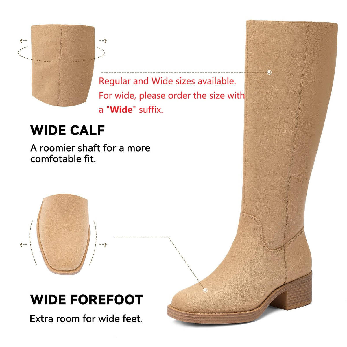 DOBOLIN Wide Calf Knee High Boots for Women Tall Fall Boots Square Toe