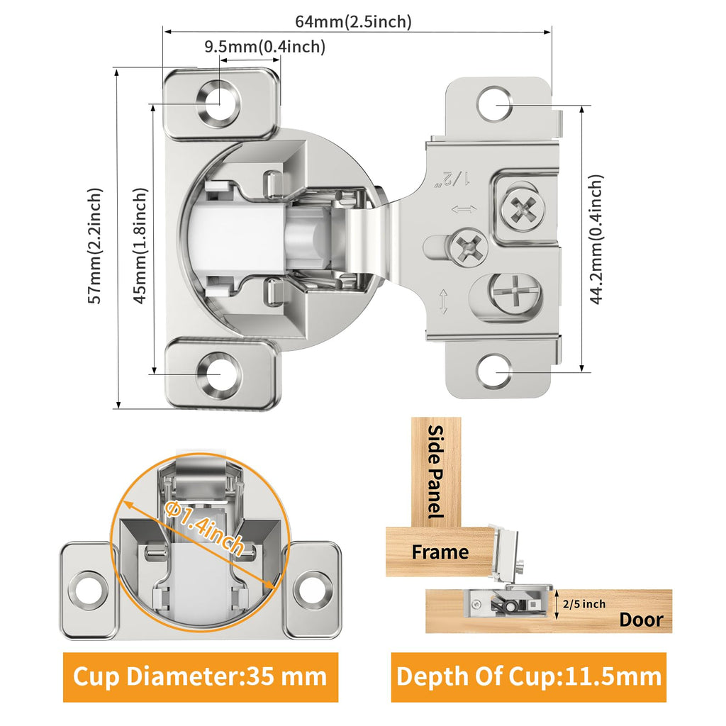 Chibery 2 Pack 1-1/4" Overlay 3D Soft Close Concealed Hinge, Face Frame Door, Small Angle Slow Close, Self Closing Hidden Satin Nickel, 105° Concealed Stainless Steel Hinges for Kitchen Cabinet Door