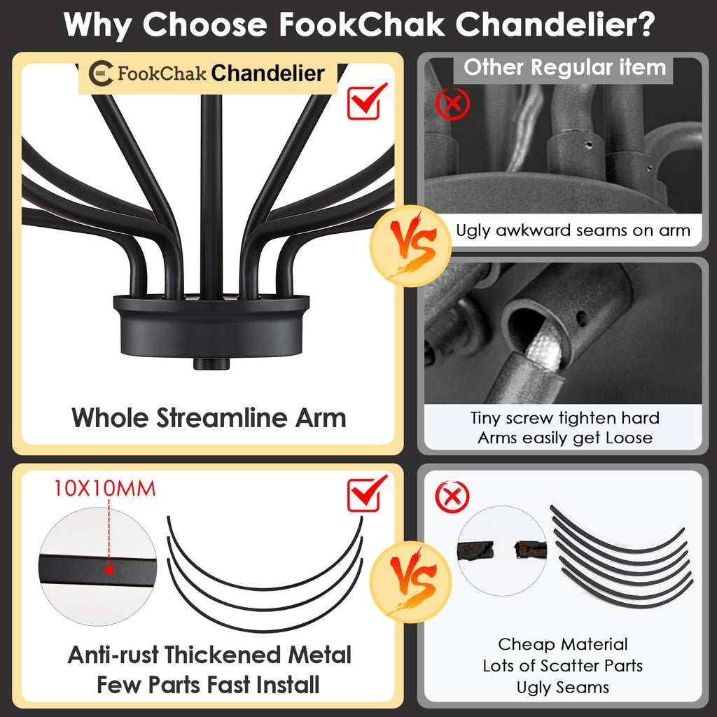Black Chandelier 6-Light Dining Room Chandelier Kitchen Chandeliers Over Table Round Living Room Chandelier Light Fixture for Bedroom, Kitchen, Foyer