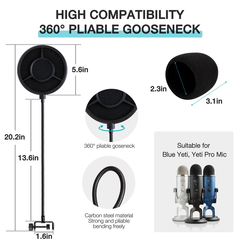 YOUSHARES 2PCS Blue Yeti Pop Filter for Blue Yeti Microphone, Yeti Foam Windscreen with Dead Cat Blue Yeti Mic Cover for Yeti Mic and Blue Yeti Pro USB Microphone