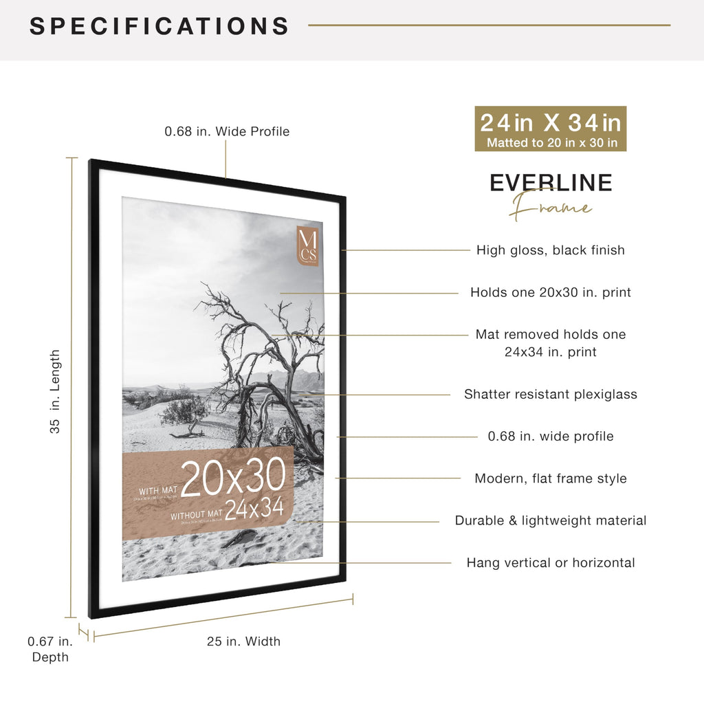 MCS Everline Collection 14x20 Matted Poster Frame with 11x17 Picture Display, Black Vertical & Horizontal Wall Hanging Large Frame for Photos, Posters & Art Prints (1-Pack)