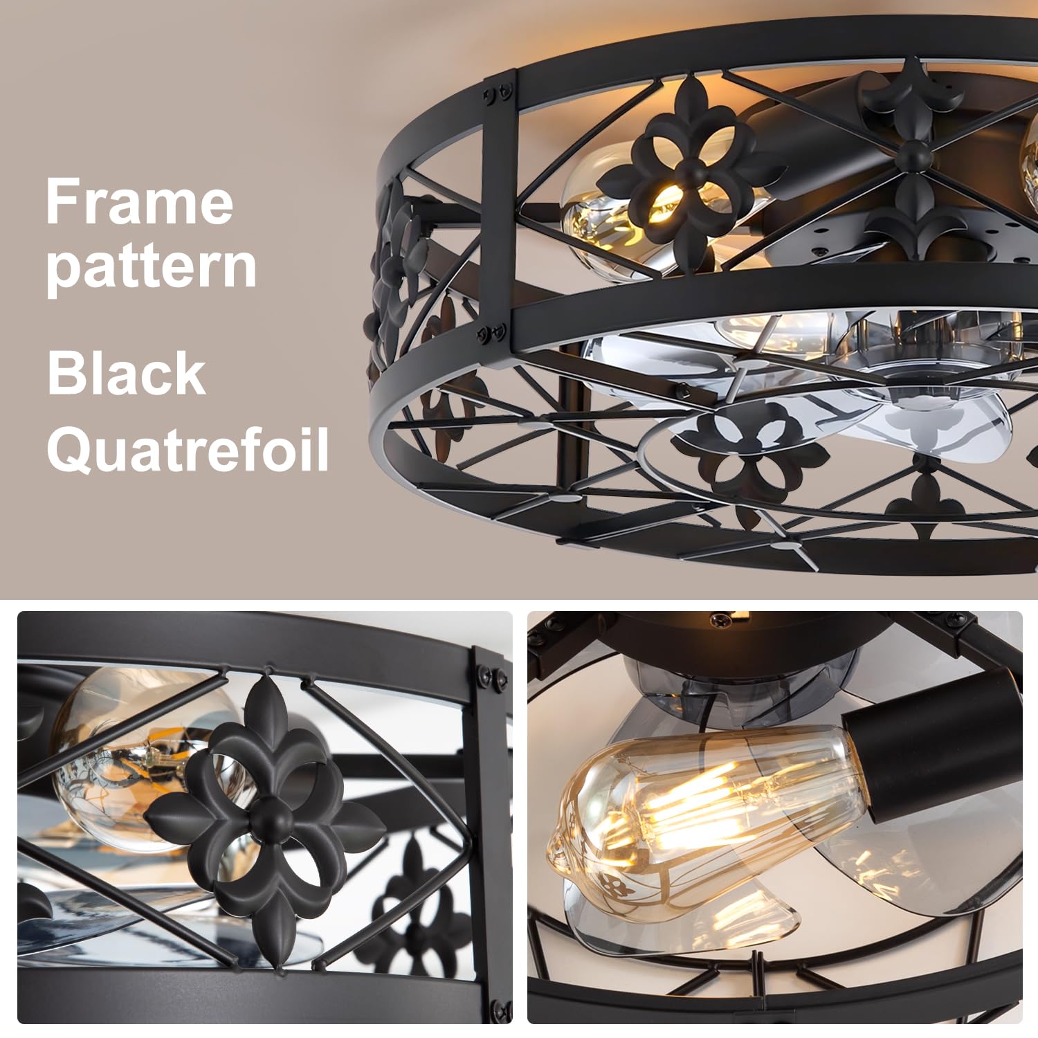 ZYD Caged Ceiling Fan with Light, 20" Ceiling Fan with Lights and Remote Flush Mount, Bladeless Caged Ceiling Fans with Lights, Matte Black Rustic Fan for Bedroom, Kitchen, Dining Room
