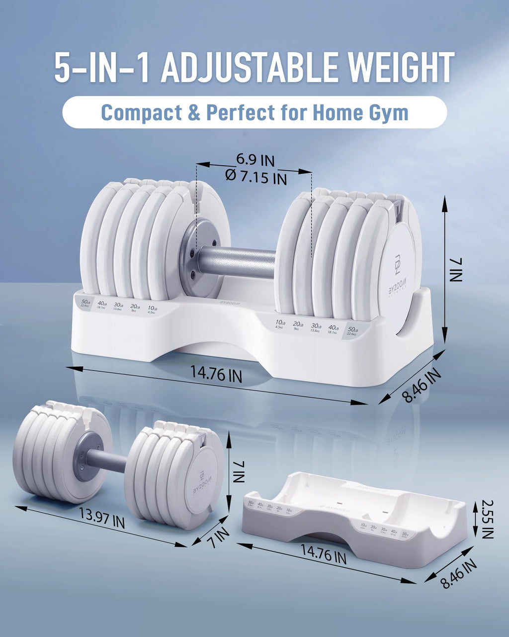 BYZOOM FITNESS Pure Series Adjustable Dumbbell - 12.5/25/27.5/50/55/75lb - ONE UNIT OR PAIR(check QTY before purchase) - 5-in-1/ 10-in-1 / 15-in-1 / 21-in-1 Flexible Hand Weights for Home Apartment Garage Gym, Strength Training & Fitness Workouts, White O