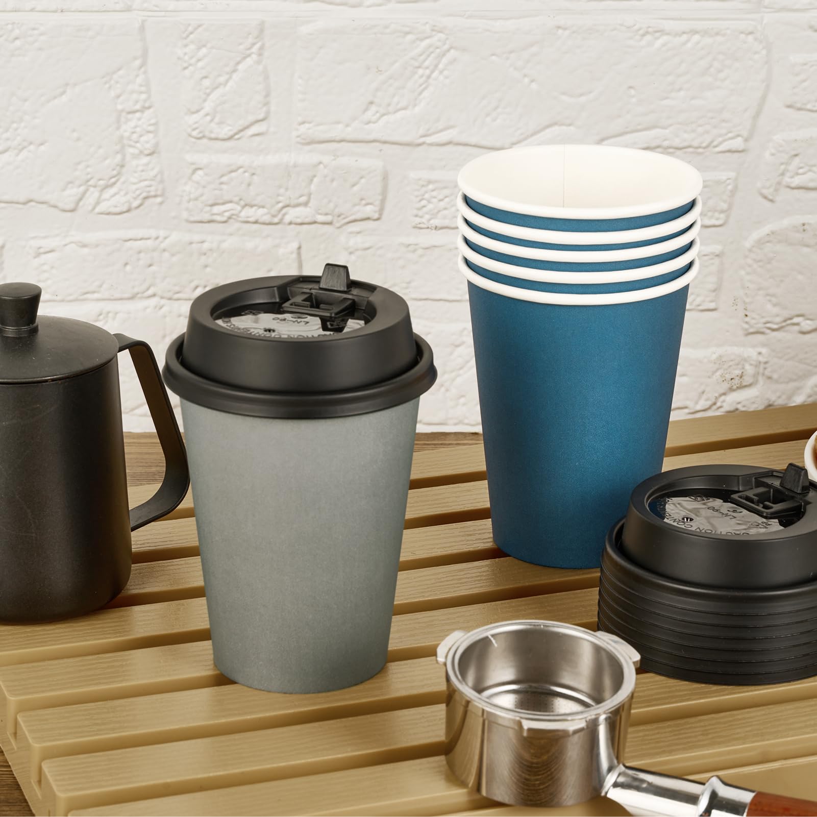 LITOPAK 100 Pack 10 oz Disposable Paper Coffee Cups with Lids for Coffee, Water, Juice, or Tea, Blue and Gray Hot Paper Cups for Home, Restaurant, Store, and Cafe