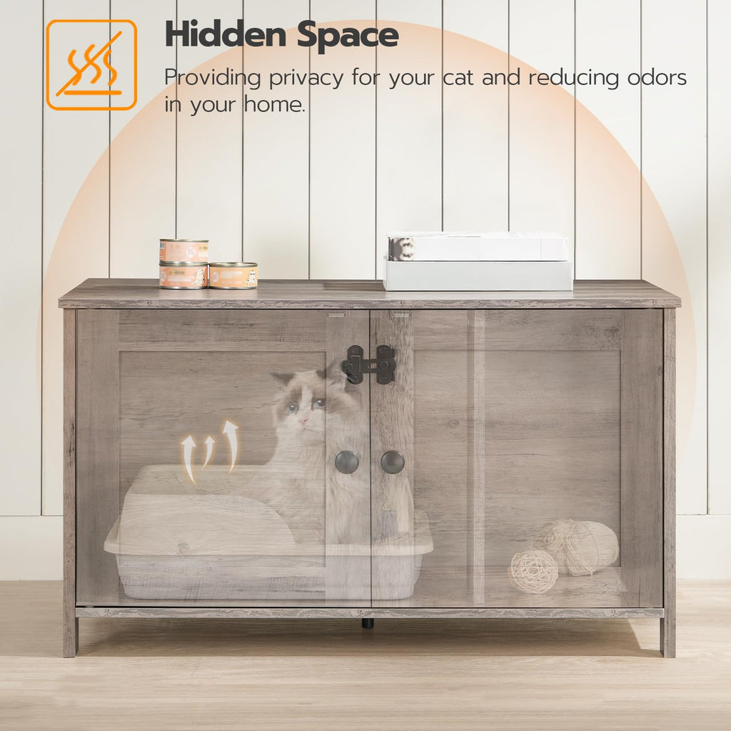 HOOBRO Litter Box Enclosure, Cat Litter Box Furniture with Removable Divider, Large Hidden Litter Box Furniture, Wooden Cat House, End Side Table, 31" L x 17.5" W x 19.7" H, Greige BG03MW01G2