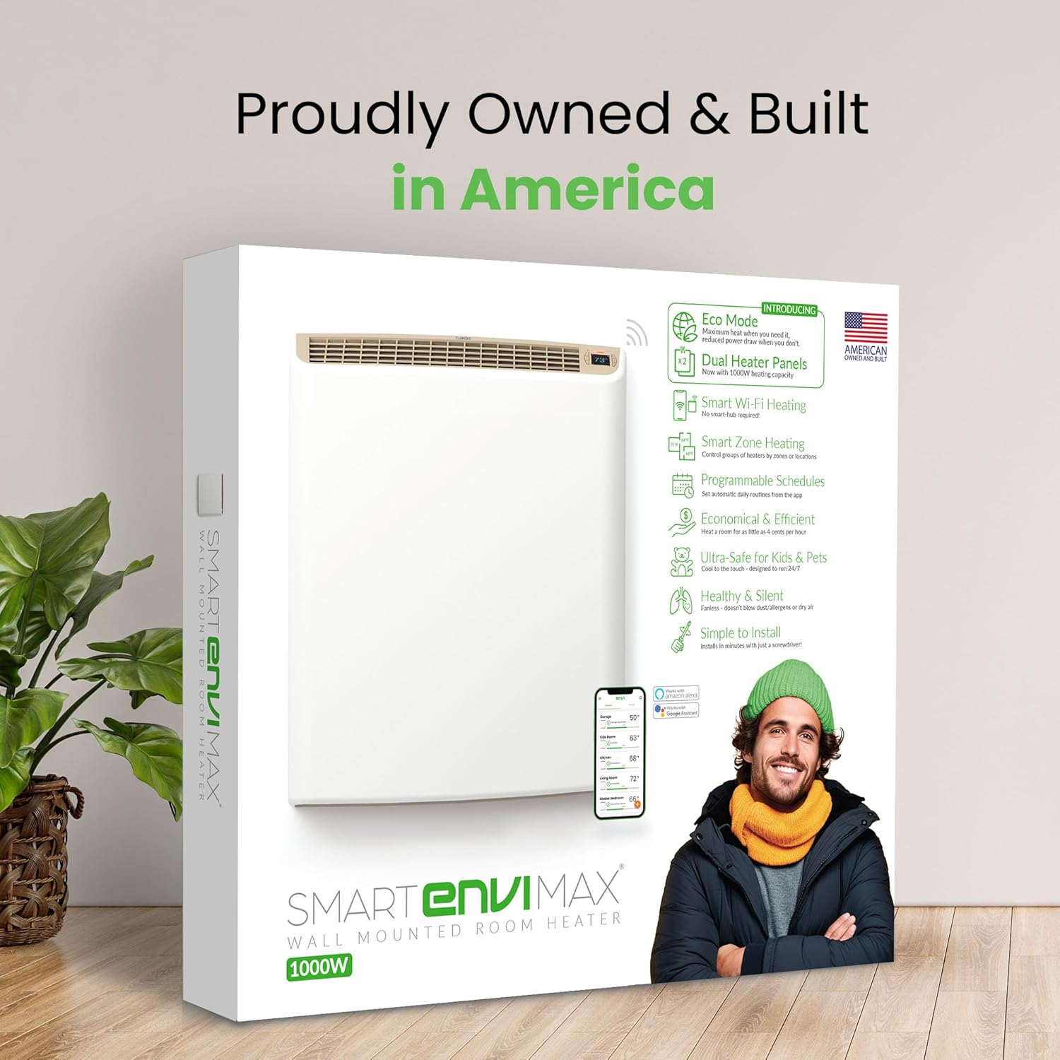 Smart EnviMAX 1000W Wi-fi Plug-in Electric Wall Heater - Energy Efficient Smart Heaters for Large Rooms - App Controlled Electric Heater with Thermal Shut Off Switch - Works with Alexa & Google Home