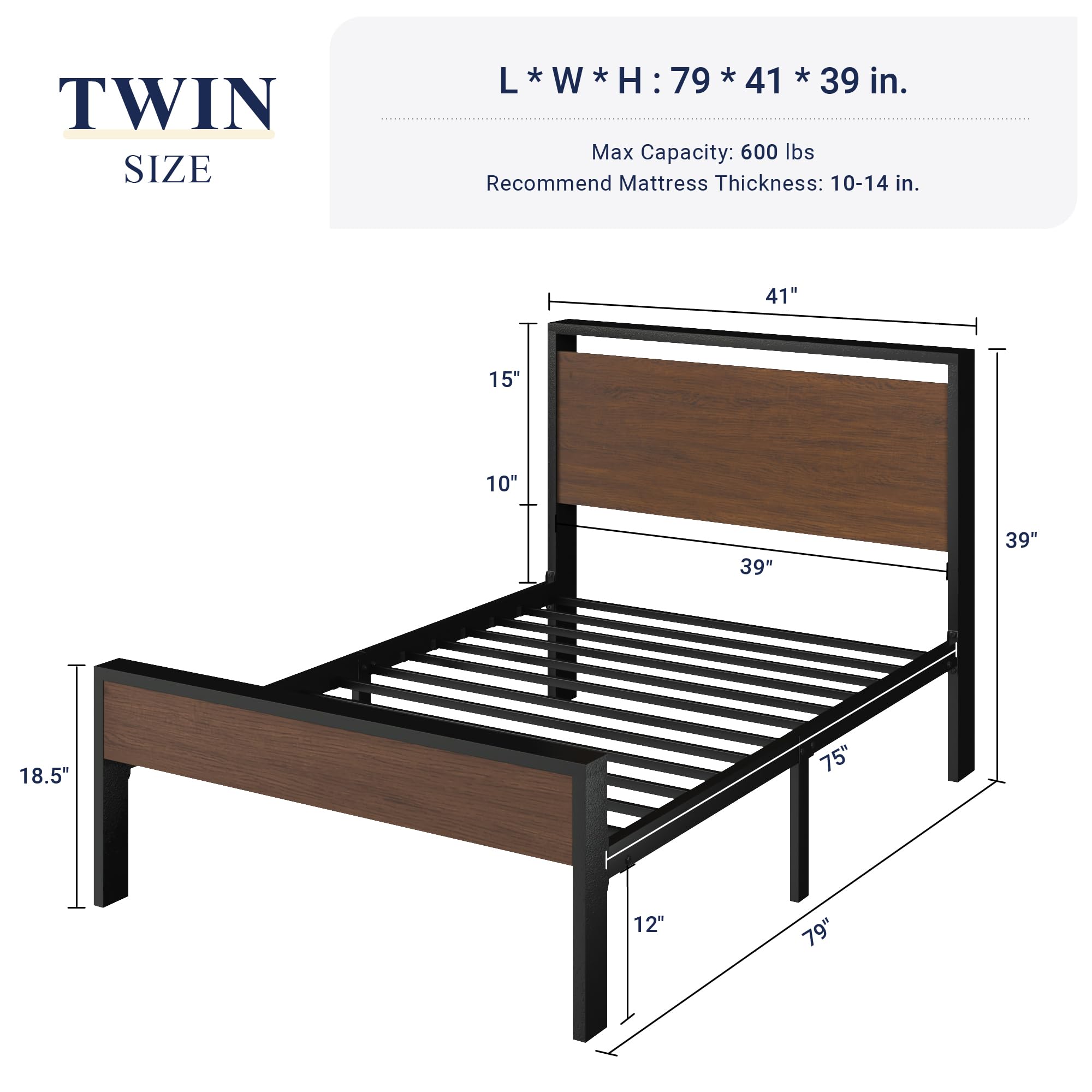 Allewie Twin Size Platform Bed Frame with Wooden Headboard and Footboard, Heavy Duty Metal Slats Support, No Box Spring Needed, Under-Bed Storage, Noise Free, Easy Assembly, Black Oak