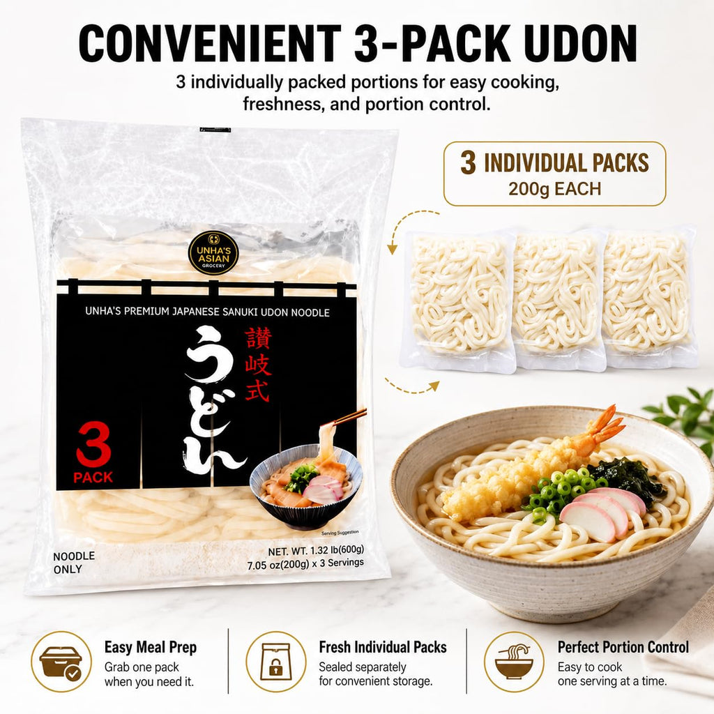 Unha's Japanese Sanuki Fresh Udon Noodles, Jumbo Chewy, 21.15 oz 1 Pack | jumbo chewy udon, no soup included, yaki udon stir fry, noodle soup, nabeyaki hot pot, quick meal