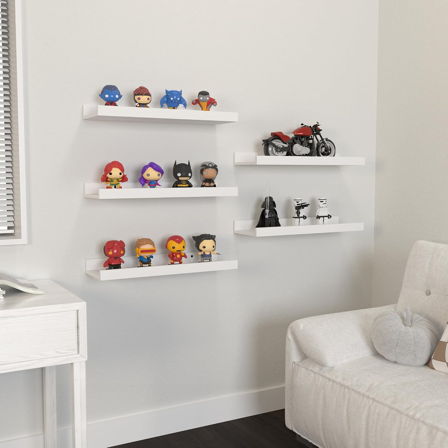DOLLFIO Floating Shelves Set of 5, White Wall Shelves with Lip, Display Shelves for Wall Decor, Modern Picture Ledge for Living Room, Bedroom, Nursery, Bathroom, Pictures, Books, Plants- White