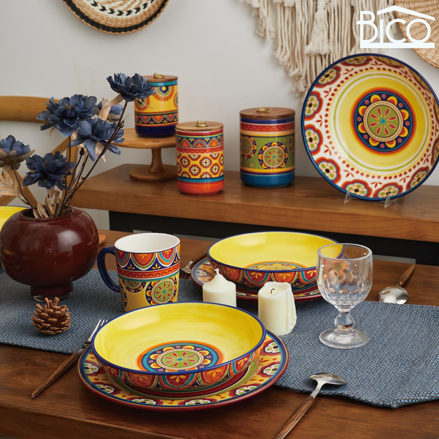 Bico Blue Talavera Pasta Bowls, 35oz Salad Bowl Set of 4, Large Ceramic Serving Dinner Bowls for Soup and Cereal, Microwave and Dishwasher Safe, Gift for Housewarming and Thanksgiving