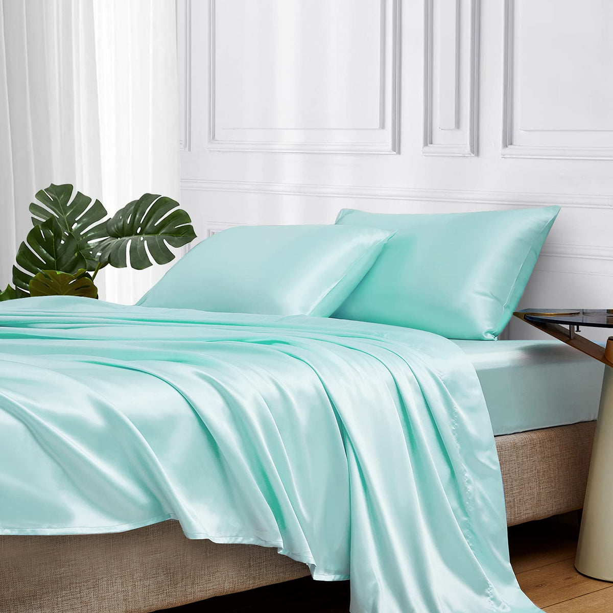 MR&HM Satin Sheets with Elastic Corner Straps, Twin Size 3-Piece Silky Bedding Set, Deep Pocket 15 Inches, Good for Hair & Skin (Twin, Black)