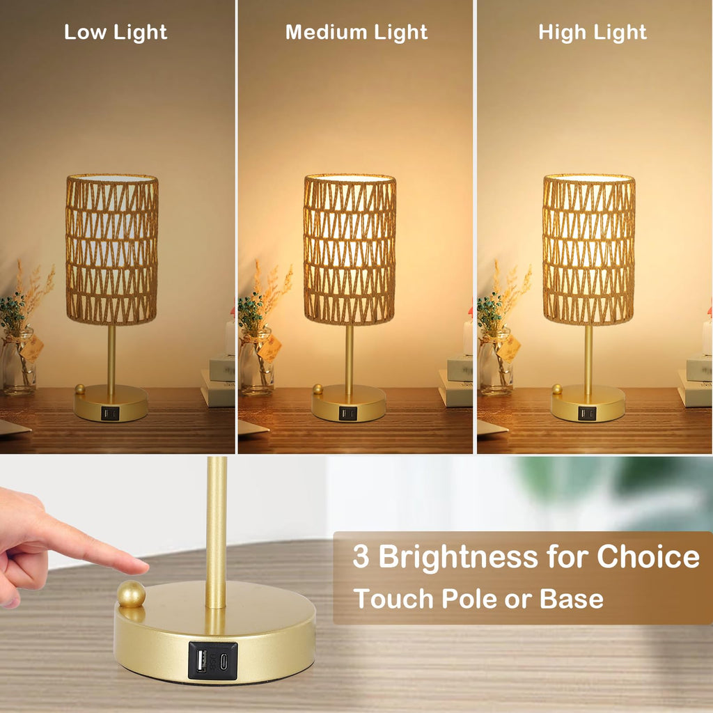 Rattan Bedside Table Lamps Set of 2 - Boho Lamps With 3 Color Temperatures & USB AC Port, Pull Chain Table Lamp For Bedroom, Cute Small Lamp For Nightstand Office Desk Bed Side End Table Living Room
