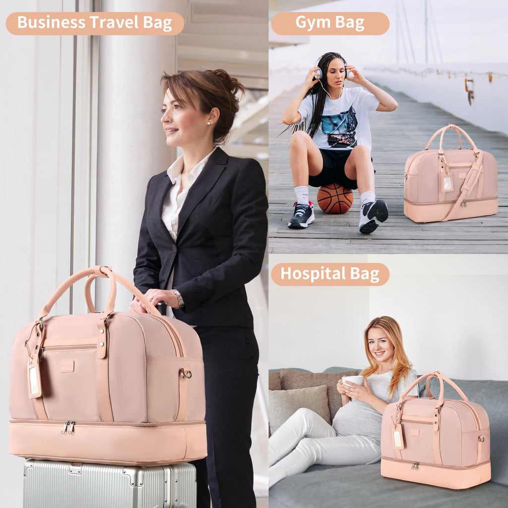 Wogarl 4PCS Weekender Bags for Women Large Overnight Weekend Travel Duffel Carry on Shoulder with Shoe Compartment Canvas Toiletry Bag for Travel Business Gym