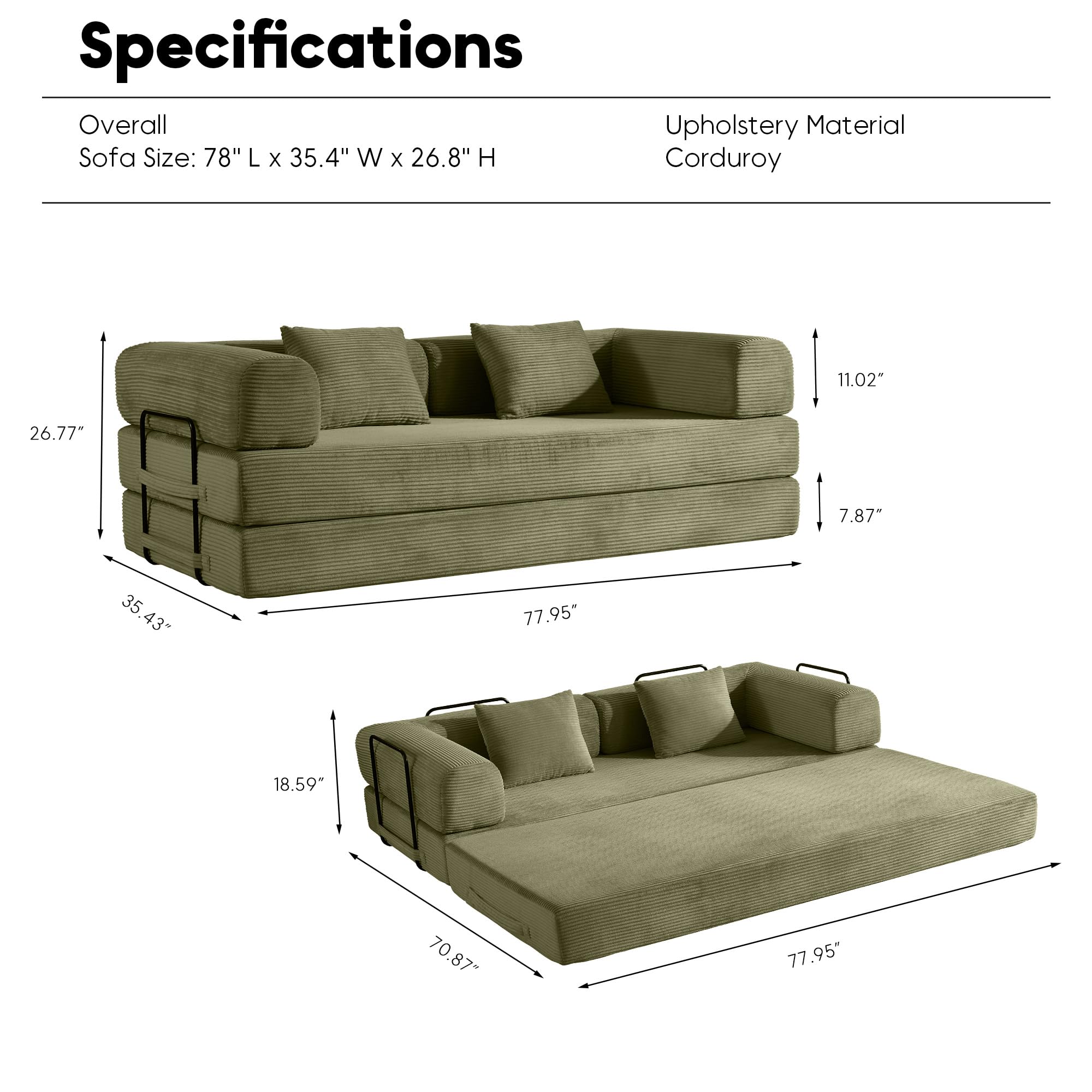 ZEIINPA 59“ Convertible Floor Sofa Bed, 5-in-1 Futon Sofa Bed Pull Out Sleeper Couch, Modern Corduroy Compressed Loveseat, Modular Boneless Couches for Living Room, No Assembly Required, Beige