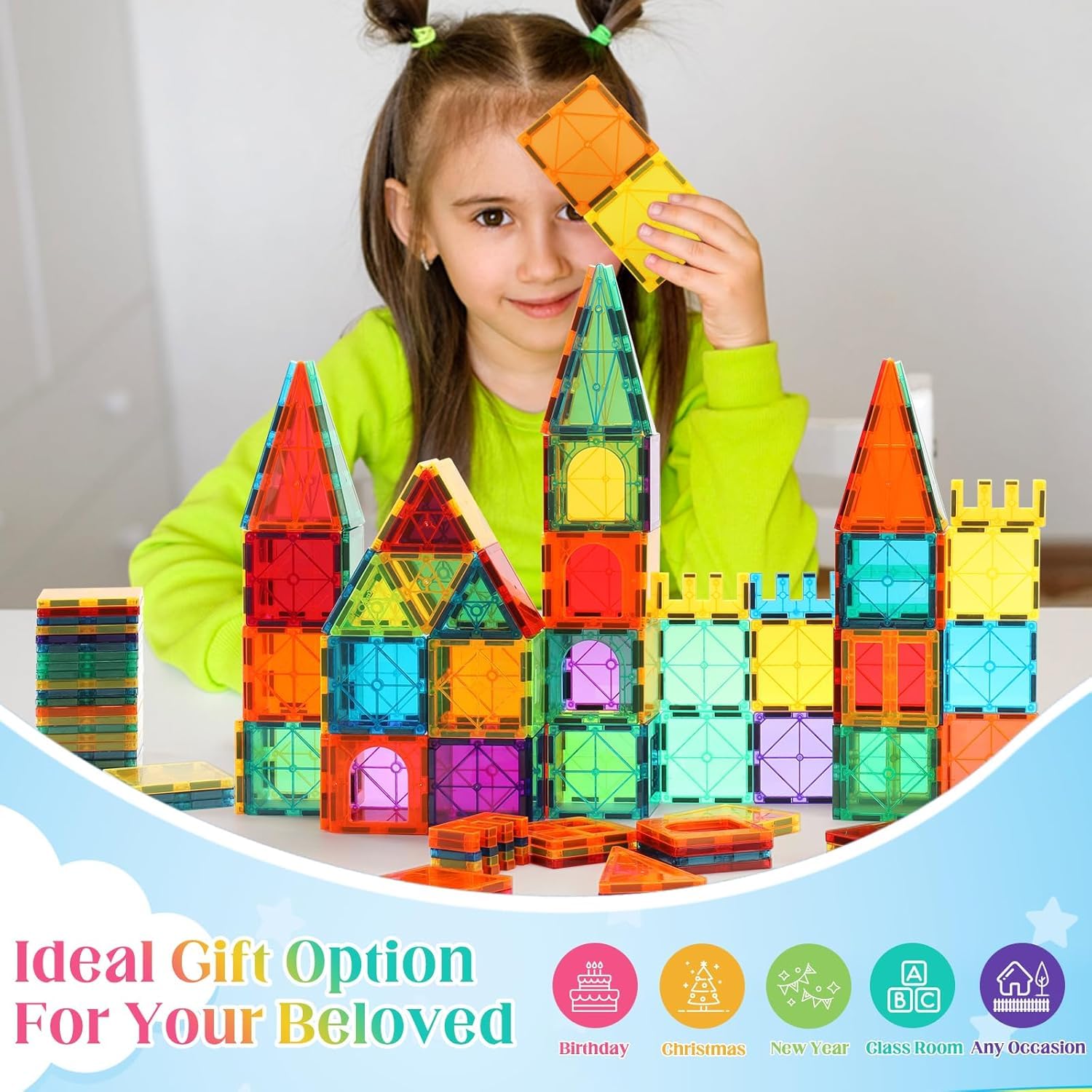 OugerToy Magnetic Building Tiles for Kids,64 PCS Educational Magnetic Stacking Blocks for Boys Girls, Magnets Construction Toys,Stem Preschool Kindergarten Learning Toys