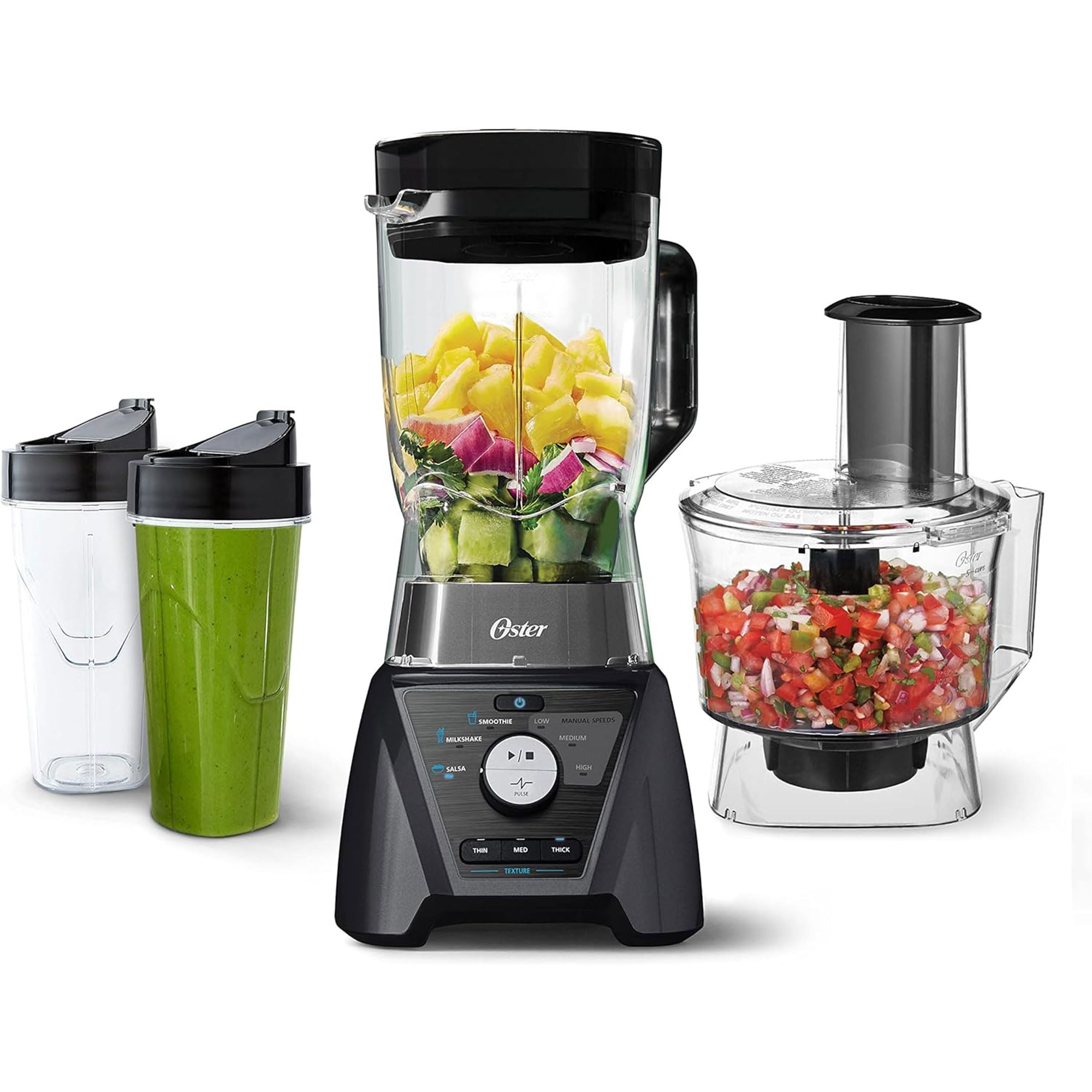 Oster Blender and Food Processor Combo with 3 Settings for Smoothies, Shakes, and Food Chopping, Includes 2 24-Ounce Cups and Lids, Carbon Grey