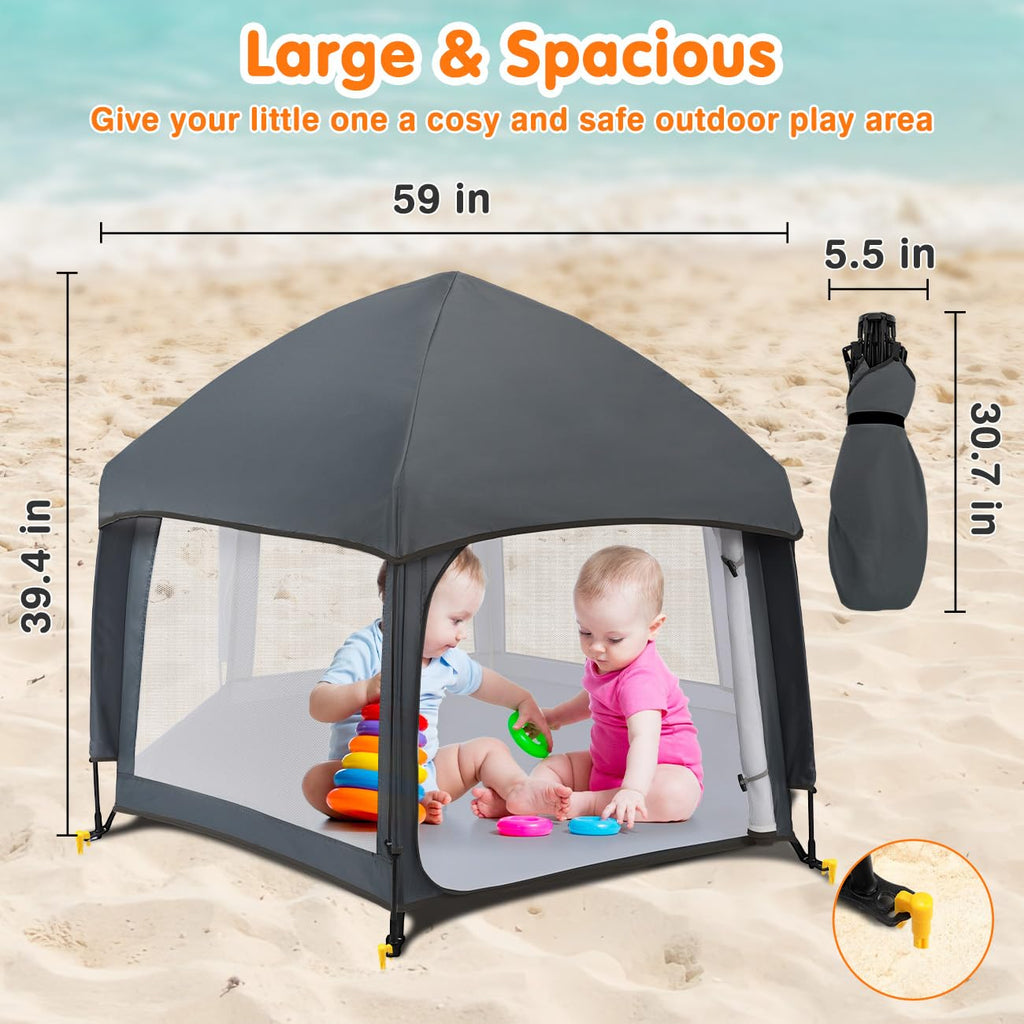 Pop Up Playpen for Baby, Portable Playpen for Babies and Toddlers with Removable Sun-Shades& 2 Side UV Covers, Lightweight Outdoor Baby Play-Pen for Beach Home with Travel Bag, Beige