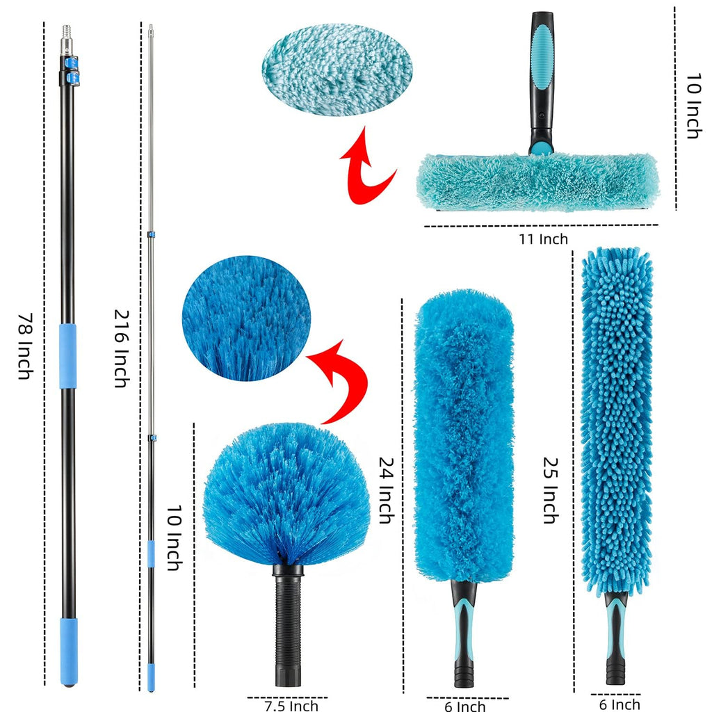 15 Foot High Ceiling Fan Duster with 5-8ft Extension Pole, Extendable Reusable Cobweb, Feather, Window Cleaning Squeegee Kit