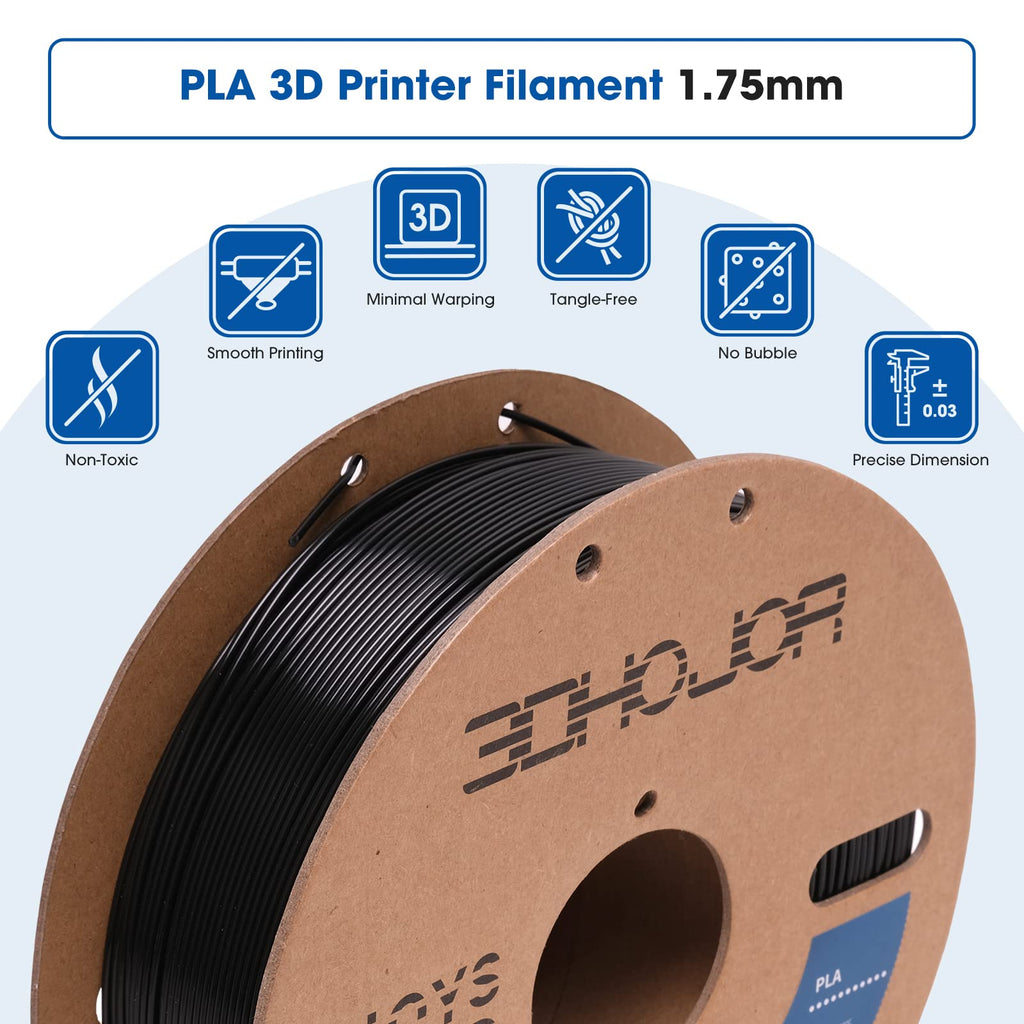 3DHoJor PLA Filament 1.75mm,3D Printing Filament,1kg*2 Cardboard Spool, Fit Most FDM 3D Printer,Dimensional Accuracy +/- 0.03 mm,Vacuum Packaging-2Pack Black