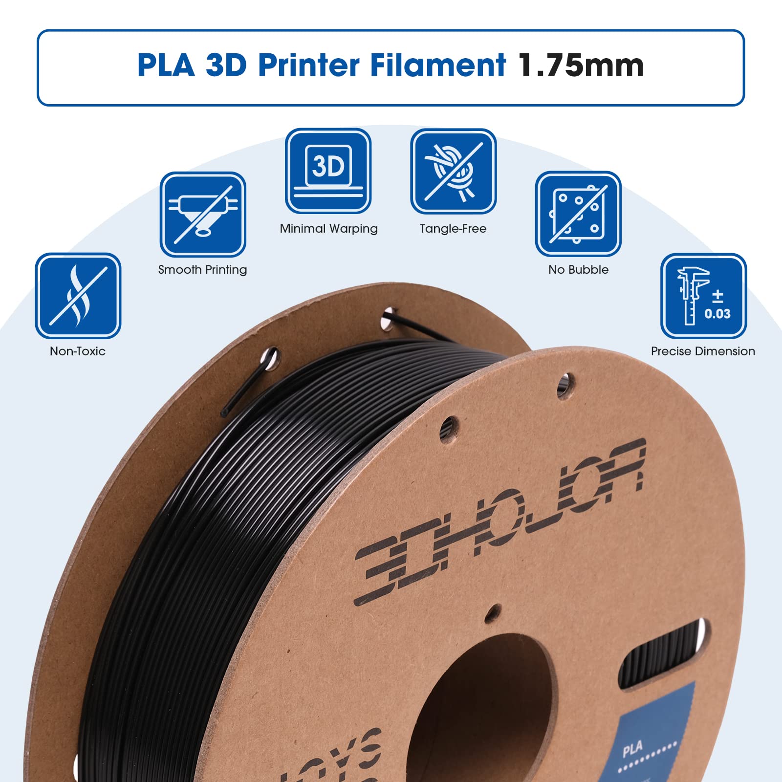 3DHoJor PLA Filament 1.75mm,3D Printing Filament,1kg*2 Cardboard Spool, Fit Most FDM 3D Printer,Dimensional Accuracy +/- 0.03 mm,Vacuum Packaging-2Pack Black