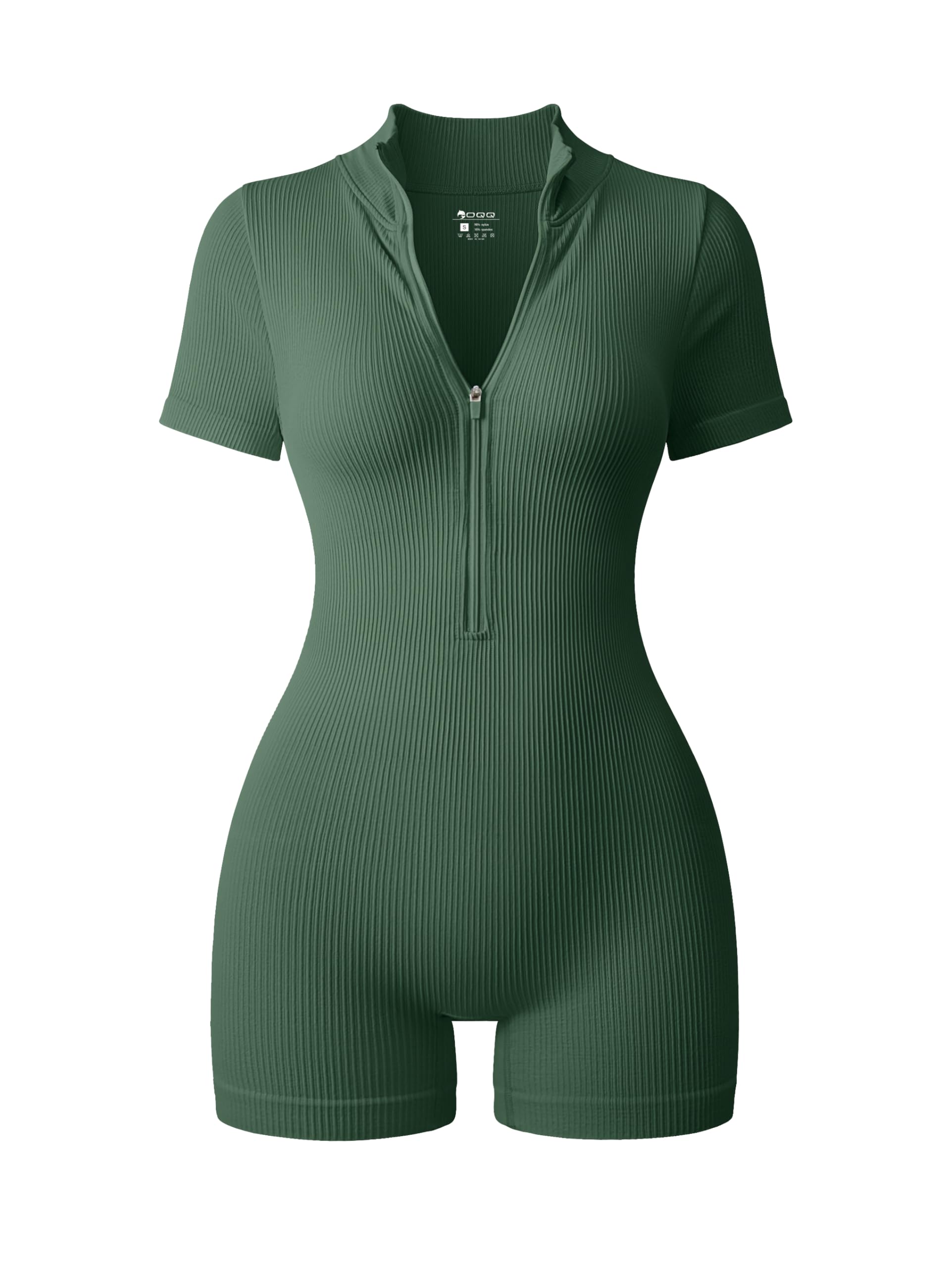 OQQ Women Rompers Ribbed Short Sleeve Zip Front Stretch Tummy Control Yoga Workout Rompers