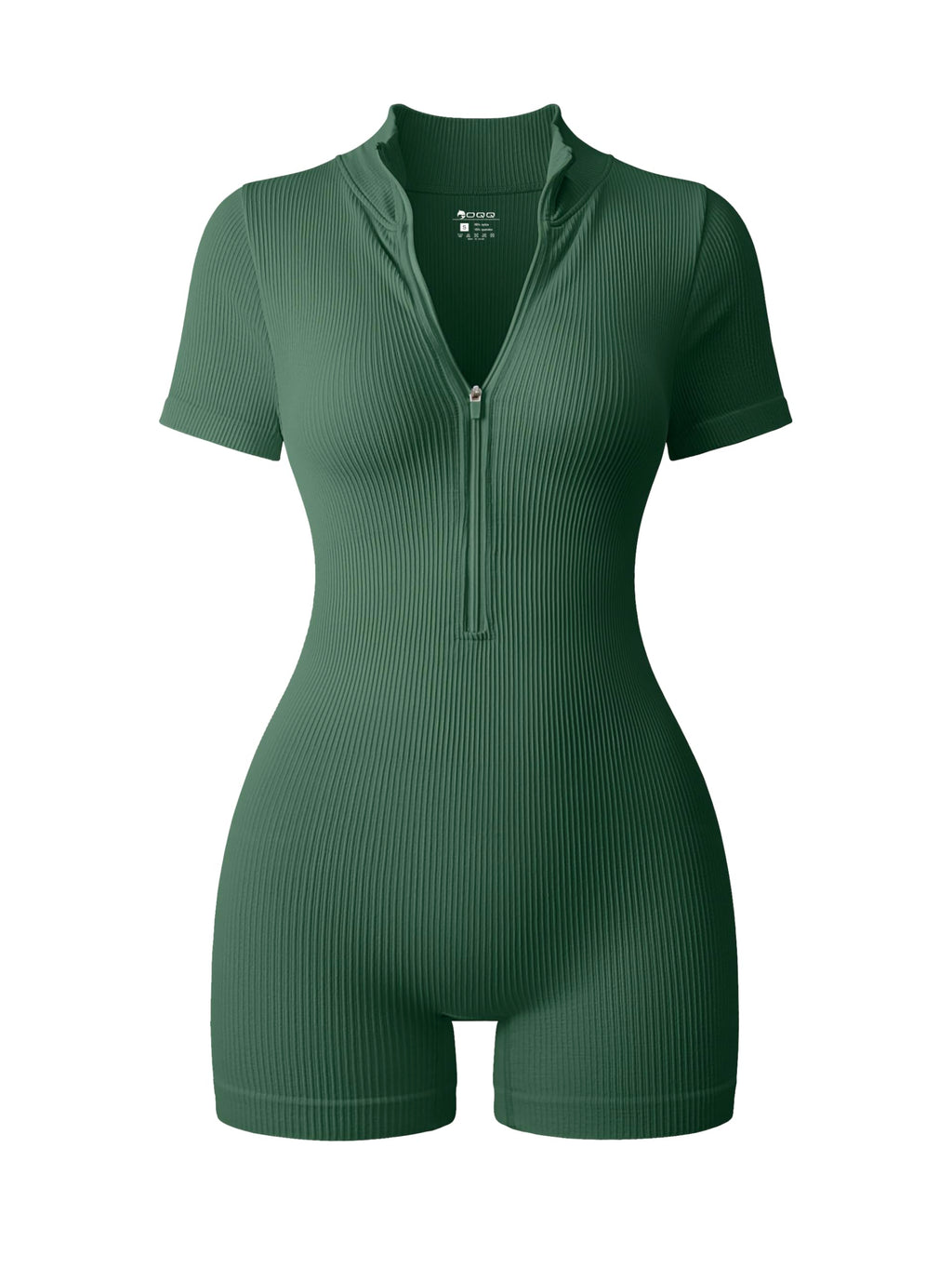 OQQ Women Rompers Ribbed Short Sleeve Zip Front Stretch Tummy Control Yoga Workout Rompers