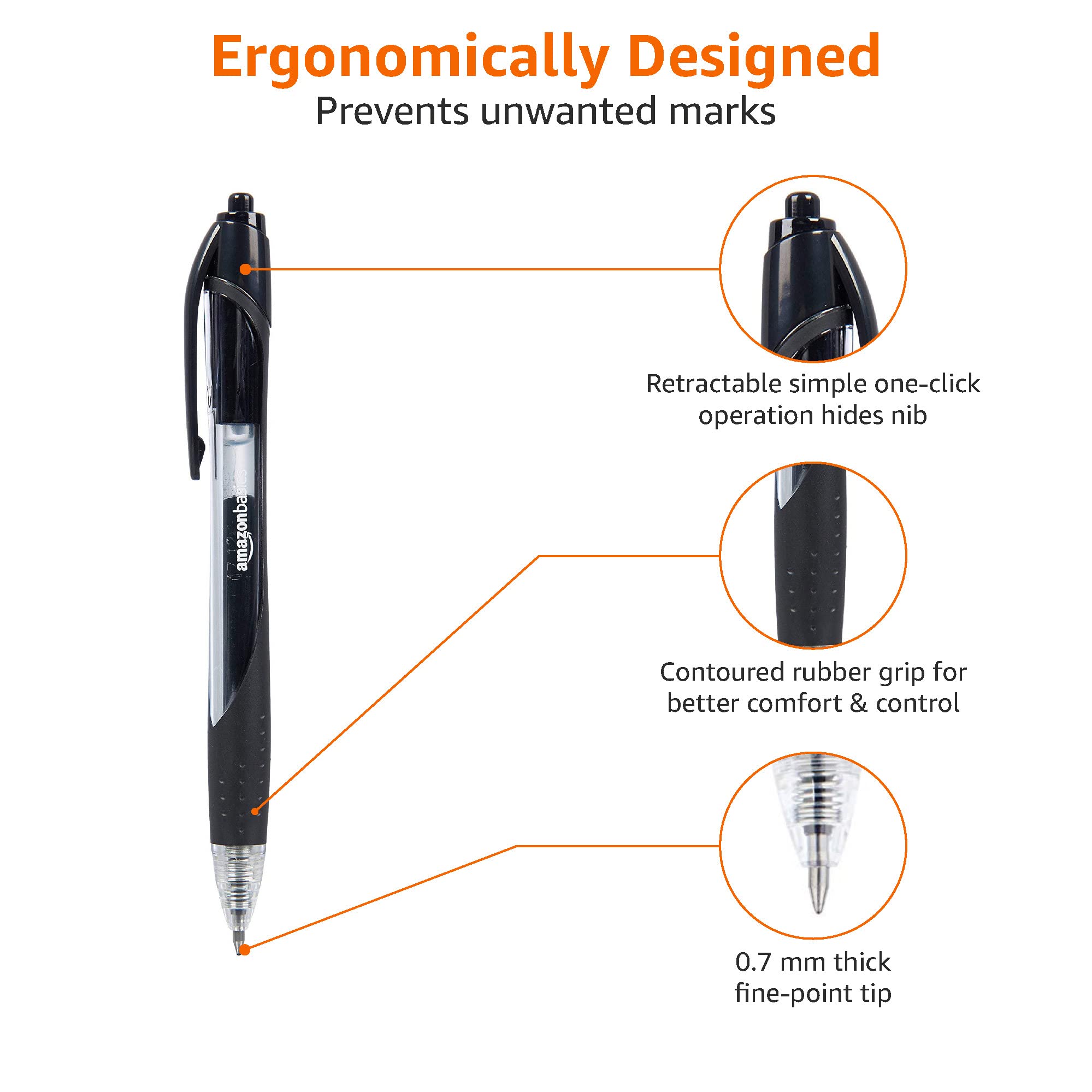 Amazon Basics Retractable Gel Ink Pens for Note-Taking and Office Writing, Fine Point 0.7mm, Smooth Writing, Black, 12-Pack