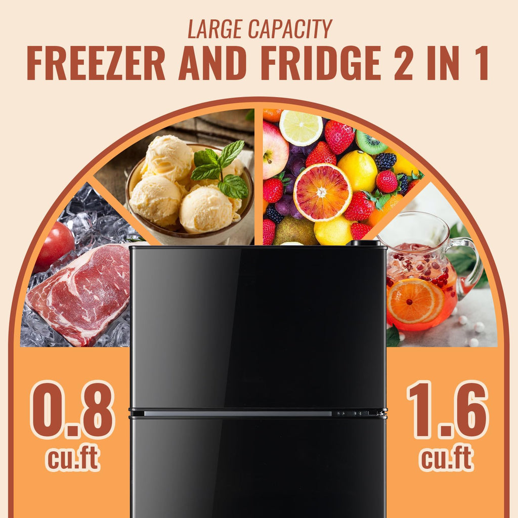 DEMULLER Mini Fridge with Double Doors Small Refrigerator with Separate Freezer & 7 Adjustable Temperature Control, Tiny Size & Personal Fridge Ideal for Office Apartment Dorm Black