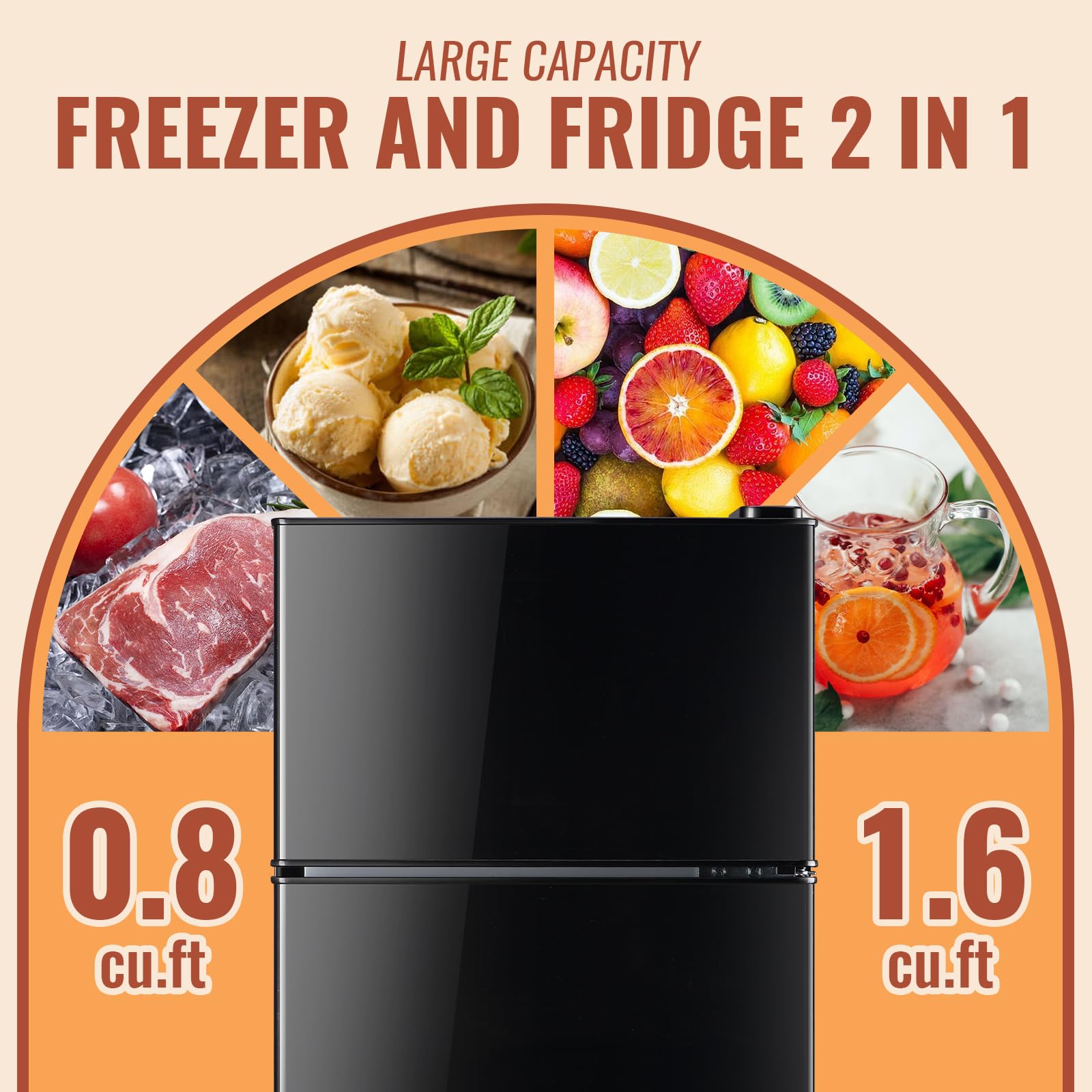 DEMULLER Mini Fridge with Double Doors Small Refrigerator with Separate Freezer & 7 Adjustable Temperature Control, Tiny Size & Personal Fridge Ideal for Office Apartment Dorm Black