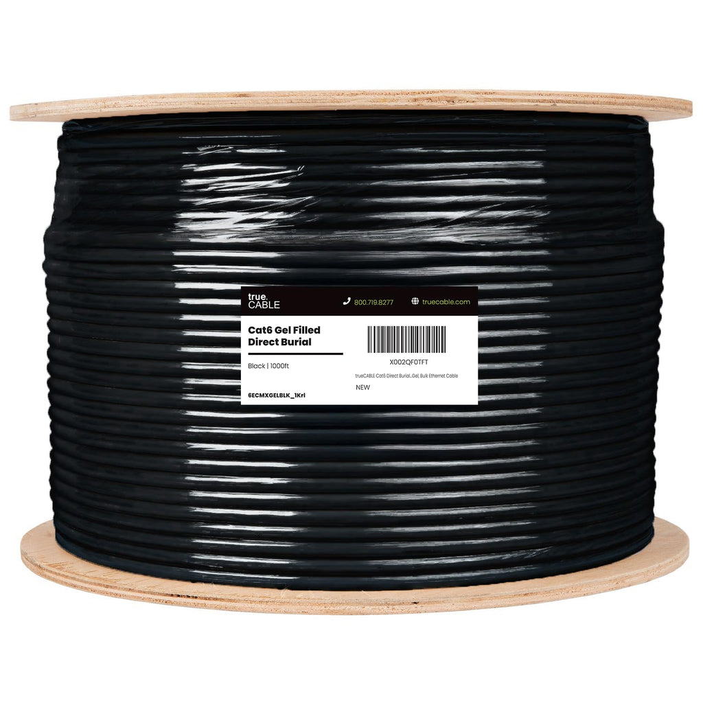 TRUE CABLE Cat6 Direct Burial Bulk Ethernet, Gel Filled, Unshielded, 500ft, Black, Outdoor OSP Jacket, Waterproof, UV Resistant, 23AWG Solid Bare Copper, 550MHz, PoE++ (4PPoE)