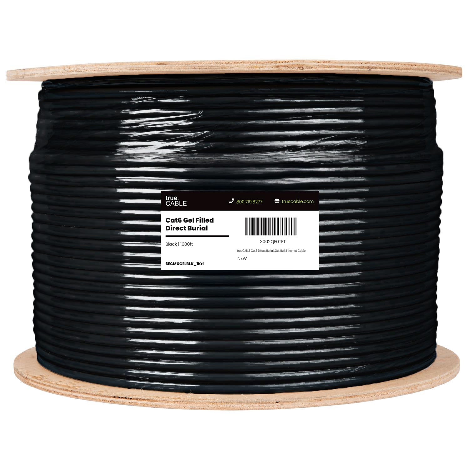 TRUE CABLE Cat6 Direct Burial Bulk Ethernet, Gel Filled, Unshielded, 500ft, Black, Outdoor OSP Jacket, Waterproof, UV Resistant, 23AWG Solid Bare Copper, 550MHz, PoE++ (4PPoE)