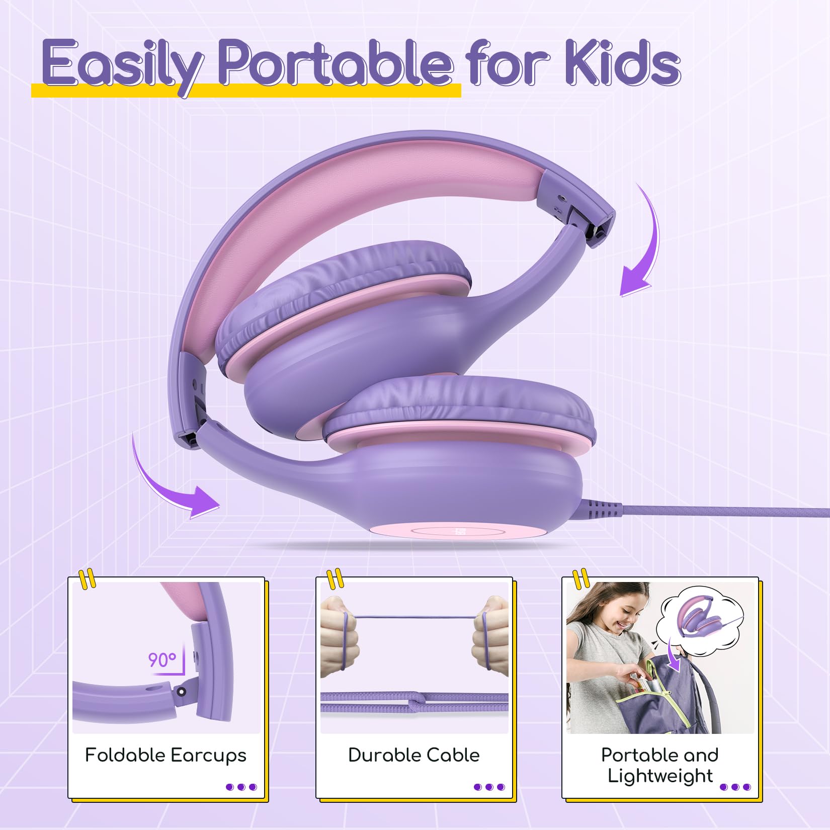 EarFun K1 Kids Headphones Wired with Microphone, 85/94dB Volume Limit Headphones for Kids, Portable Wired Headphone with Shareport, Stereo Sound Foldable Headset for School/Tablet/iPad, Black Red