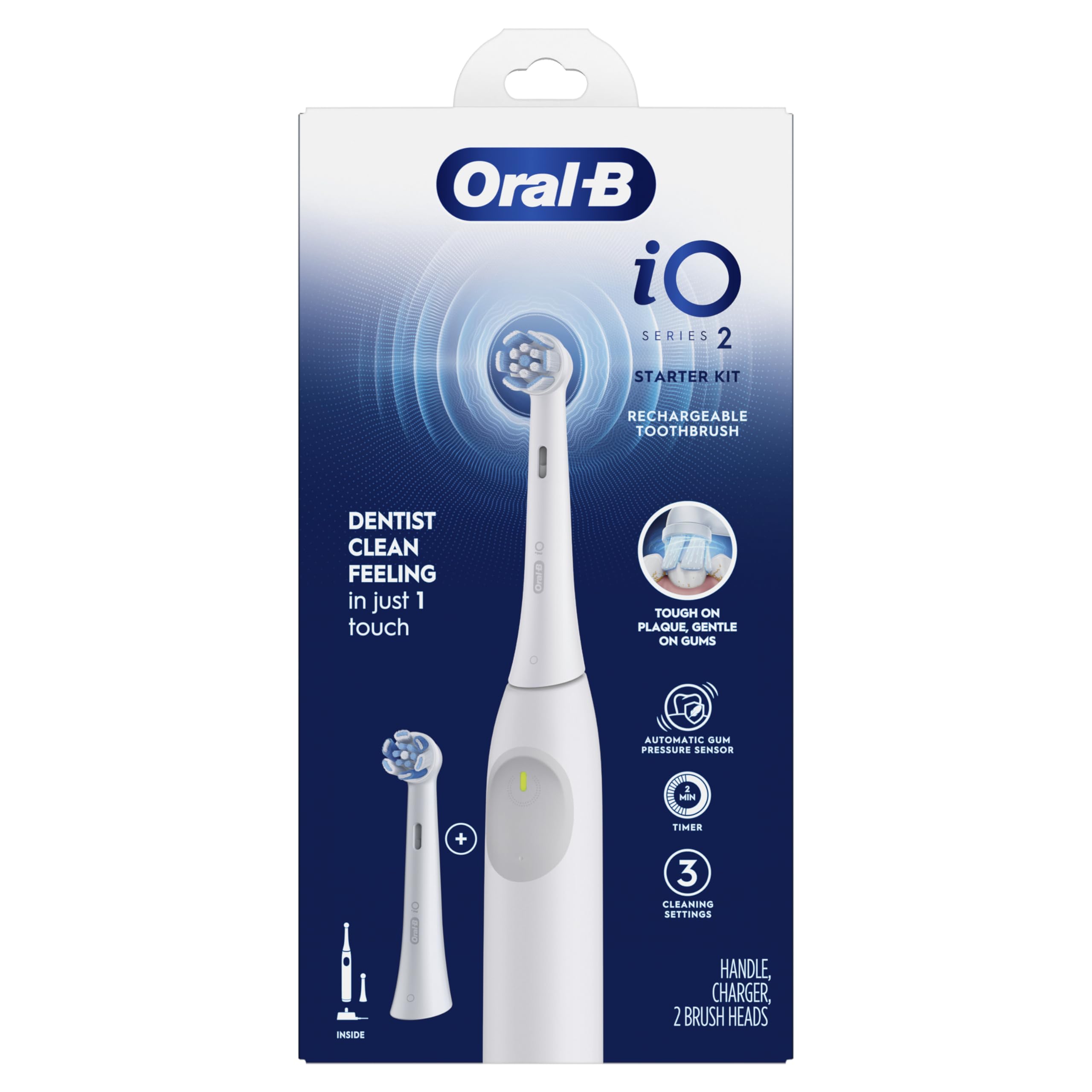 Oral-B Rechargeable Electric Toothbrush, iO2 Starter Kit, 3 Cleaning Modes, Automatic Pressure Sensor to Protect Gums, 2 Brush Heads, Forest Green