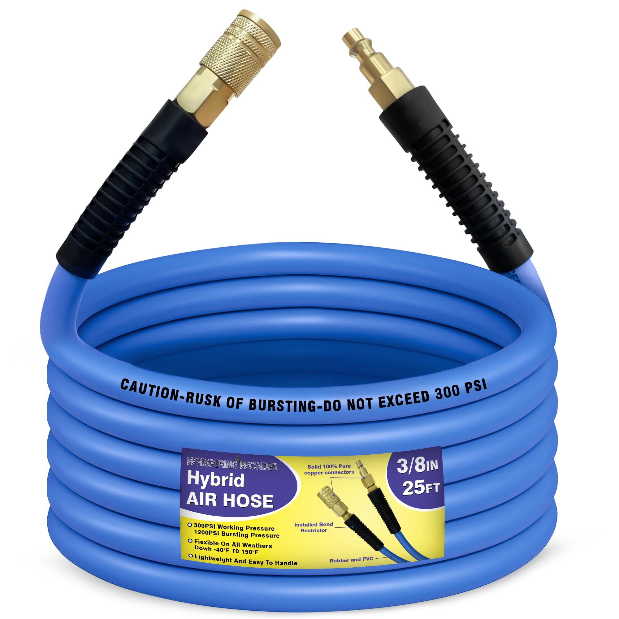 Air Compressor Hose 1/2 in, 300 PSI Heavy Duty Hybrid Air Hose with Quick Coupler and Plug Kit, Lightweight, Kink Resistant, All Weather Flexibility with Bend Restrictors, 6 Feet