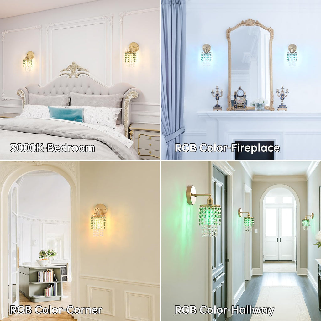Shenmoyl Set of 2 Crystal Battery Operated Wall Sconce, Rechargeable Battery Powered Wall Lamp with Remote Control, Modern Dimmable Wall Lights for Bedroom Bathroom(Green, Gold Base)