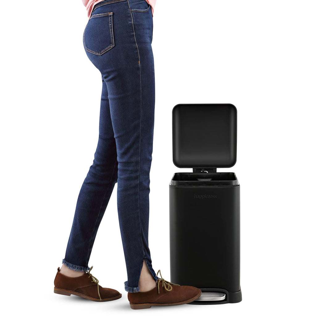 happimess HPM1012B Betty Retro Mini 3.2-Gallon Step-Open Trash Can with Soft-Close Lid, Modern, Minimalistic, Fingerprint Proof for Home, Kitchen, Laundry Room, Office, Bedroom, Bathroom, Black