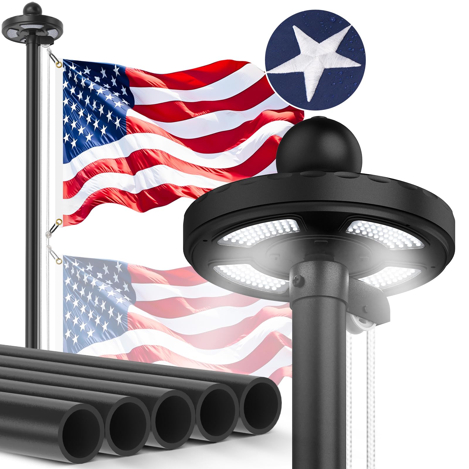 Upgraded 10 Gauge 20FT Heavy Duty Flag Pole Kit with 136 LED Solar Light, Extra Thick Flagpole for Outside House in Ground, Bottom 3 mm Thick & Width 3.35 in, 120MPH Wind Rated
